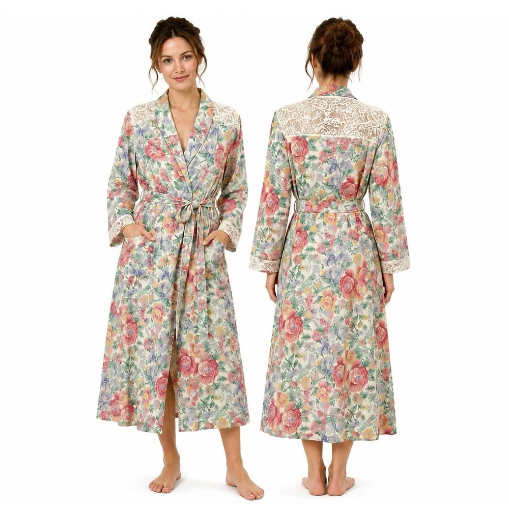 1970s Nicole At Home Floral Cotton Lace Trim Wrap Robe Duster USA Made Small